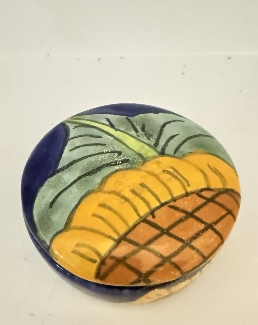 Talavera Pottery Jewelry Box Lid Trinket Dish Lead Free Yellow Sunflower Blue